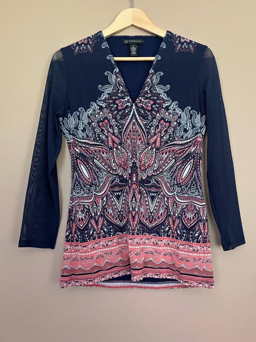 {INC International Concepts} Paisley V Neck Top with 3/4 Sleeves - Womens Medium